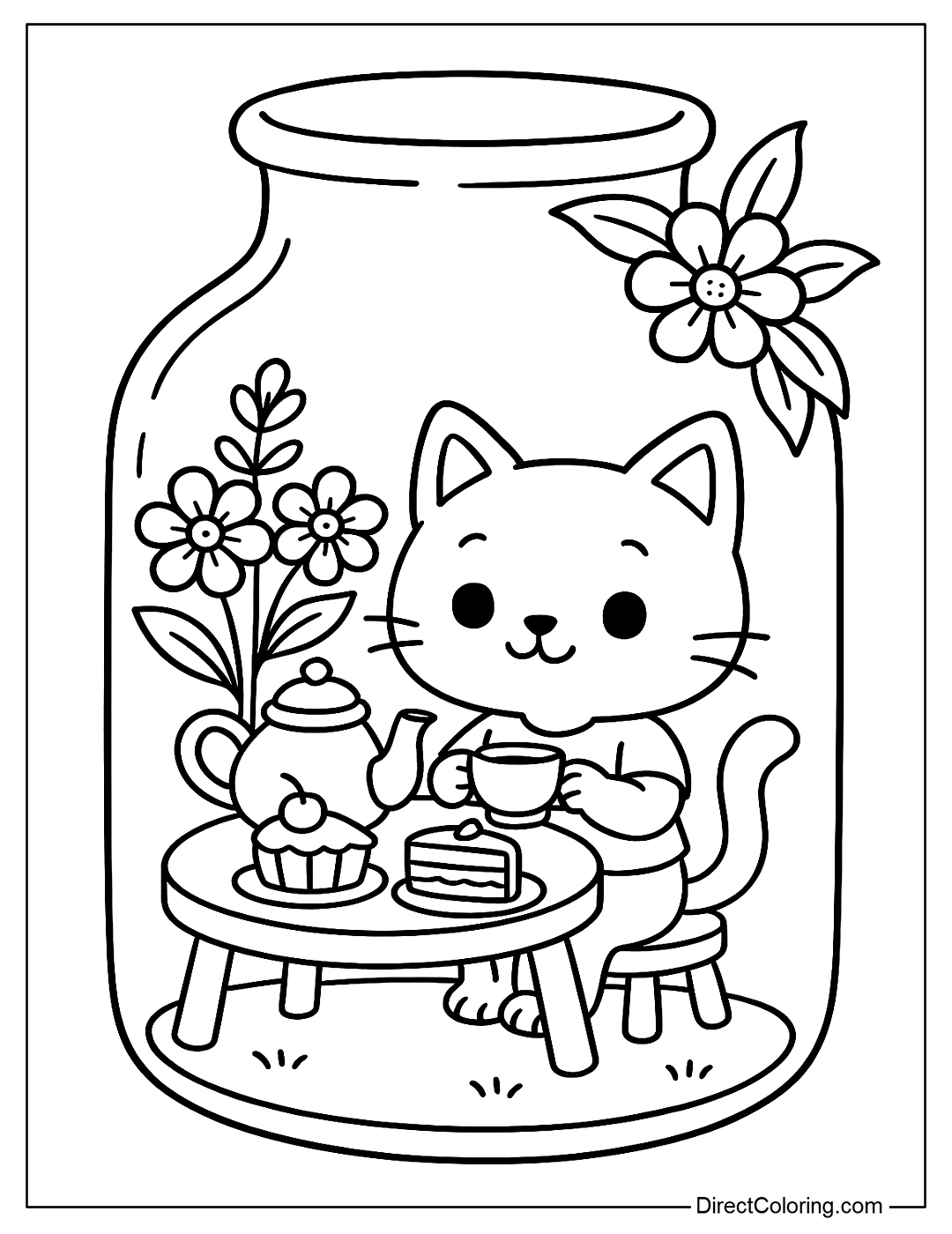 A little cat holds a tea party in a jar, with a tea table, cakes, and flowers